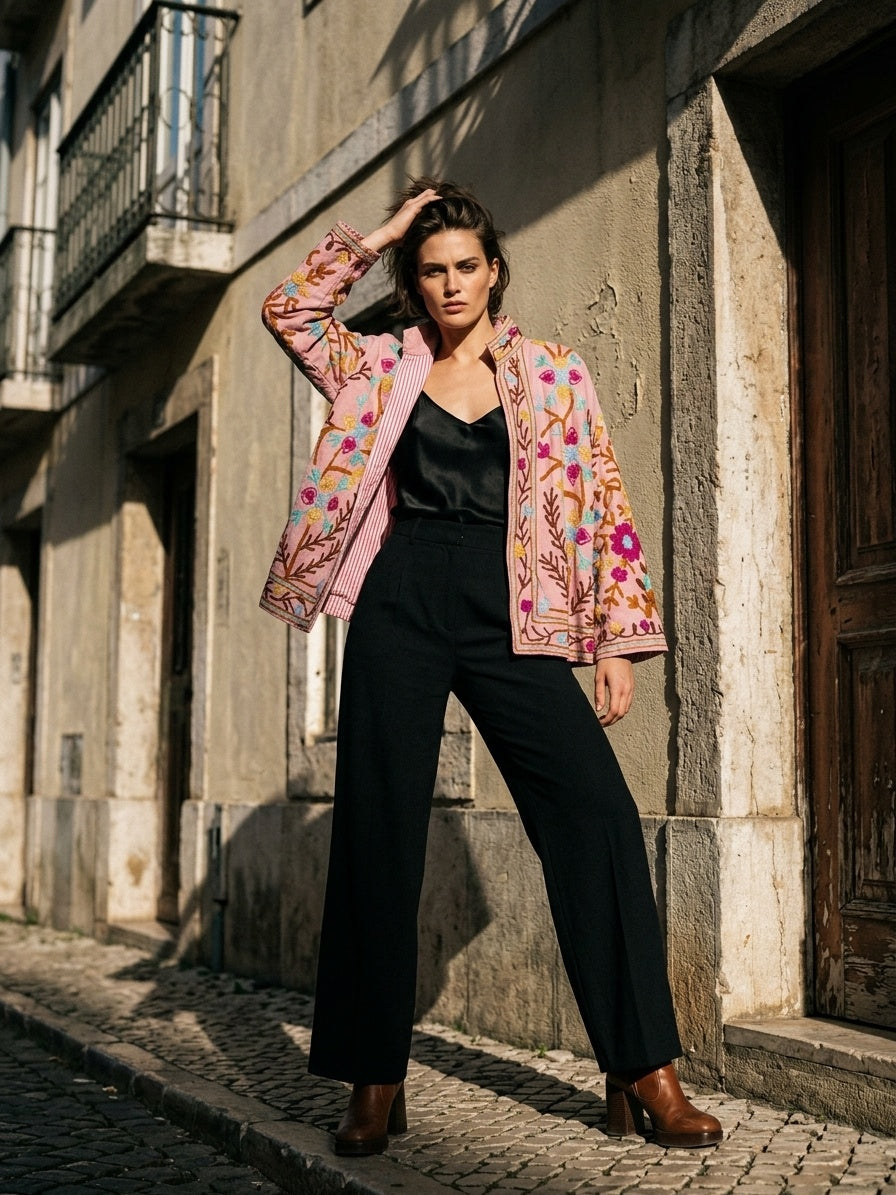 The Blossom Trellis — Suzani-Style Hand-Embroidered Cotton Jacket — Blush Pink
