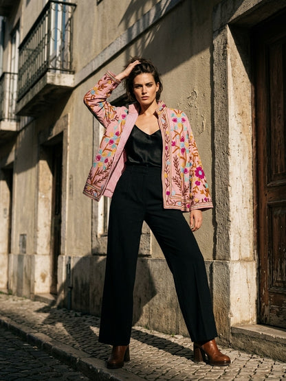 The Blossom Trellis — Suzani-Style Hand-Embroidered Cotton Jacket — Blush Pink