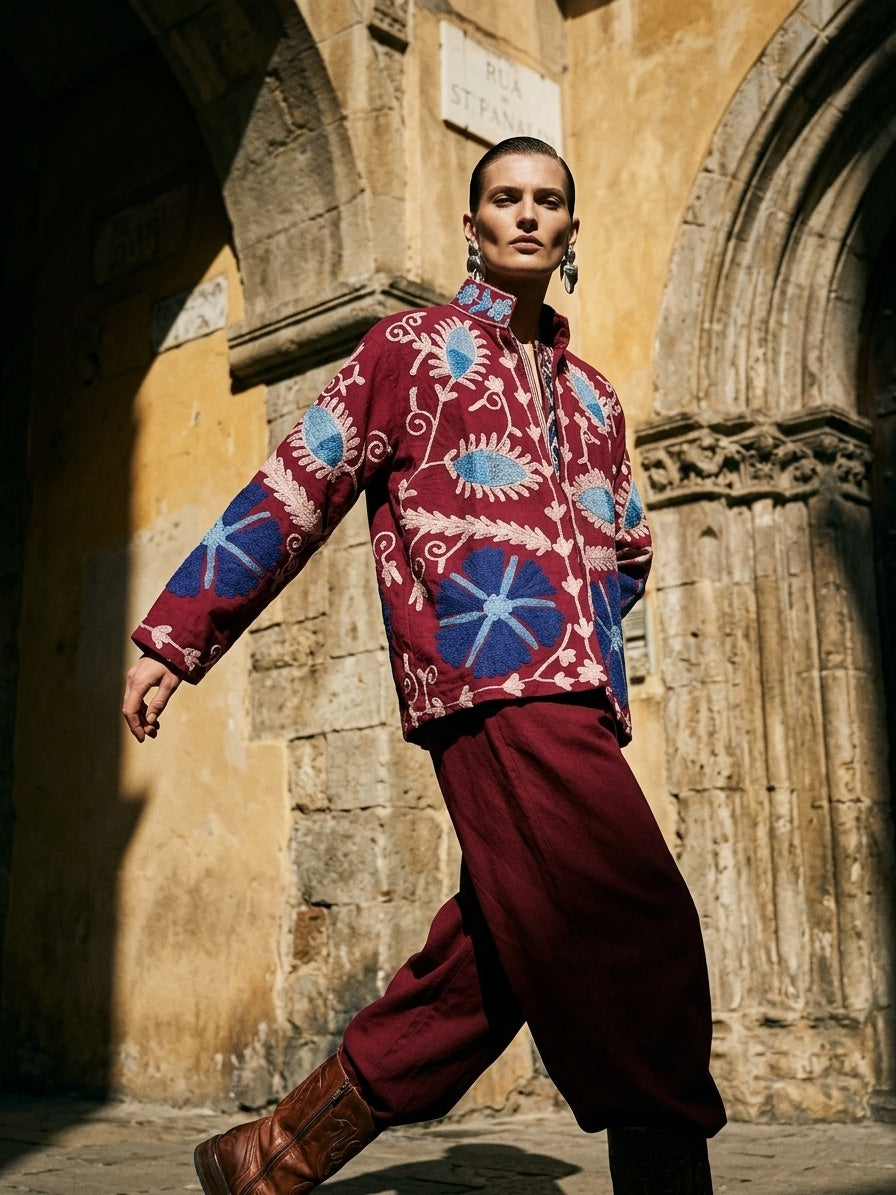 The Samarkand Bloom — Suzani Hand-Embroidered Cotton Jacket — Deep Maroon with Cornflower Blue