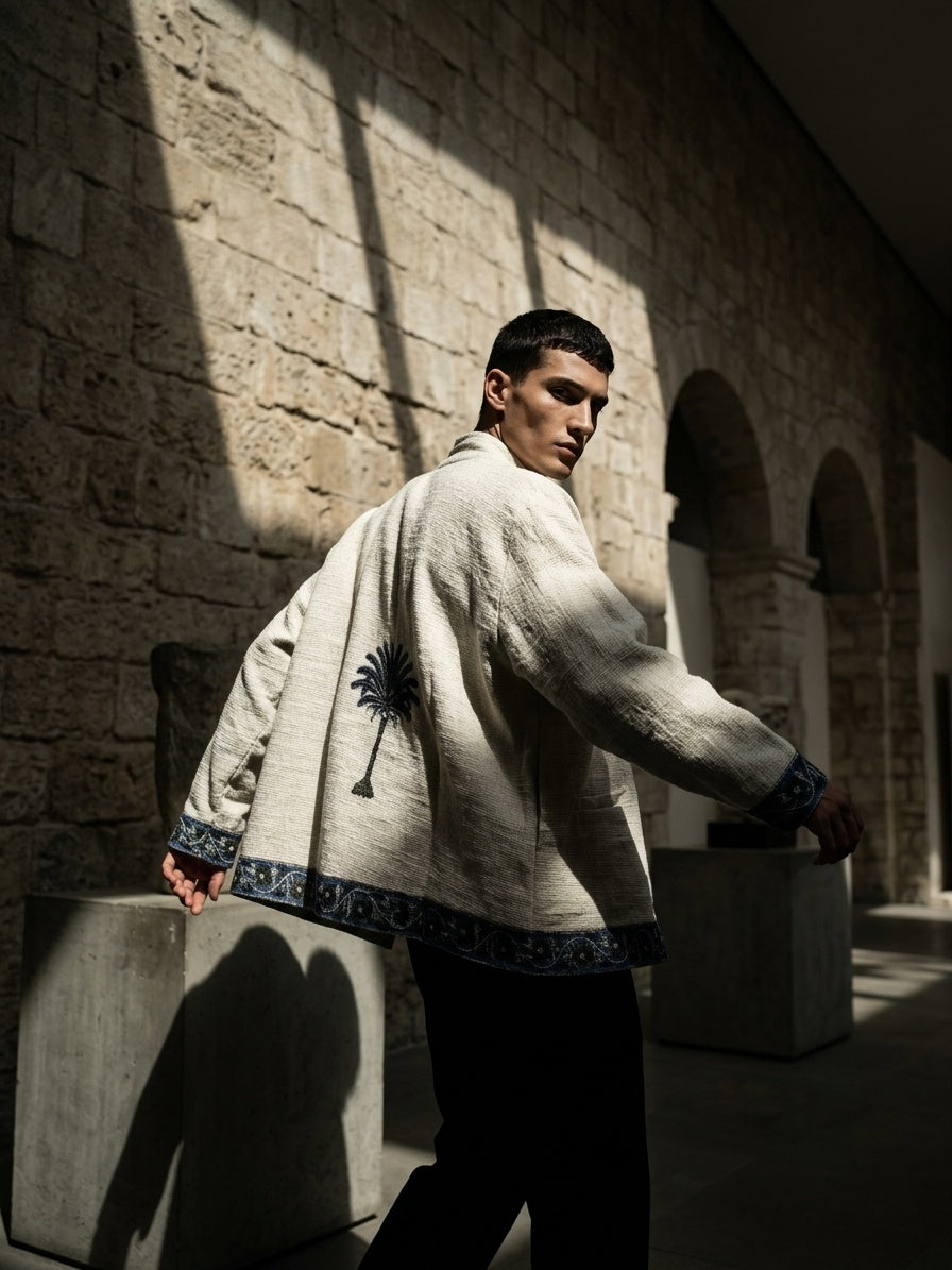 The Khejri Oasis — Hand-Embroidered Cotton Jacket — Undyed Ivory with Indigo Palm