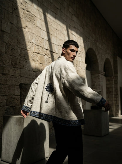 The Khejri Oasis — Hand-Embroidered Cotton Jacket — Undyed Ivory with Indigo Palm