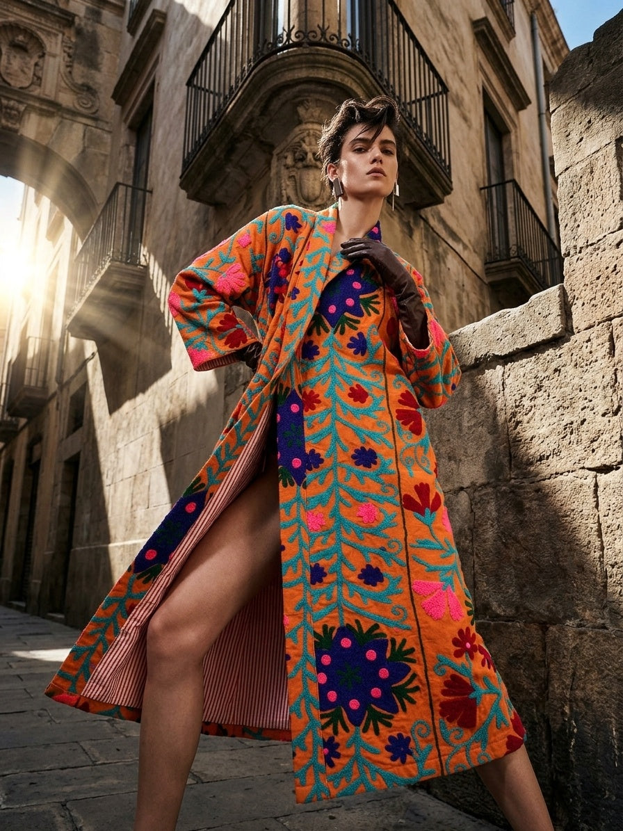 The Marigold Suzani — Hand-Embroidered Wool Kimono — Saffron Orange with Cobalt & Teal Florals