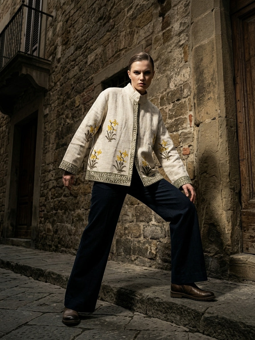 The Sarson Bagh — Hand Block-Printed Cotton Jacket — Ivory with Olive & Mustard Floral Motifs