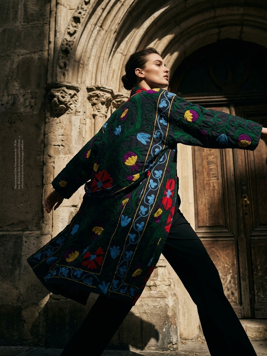 The Samarkand Bloom — Suzani Embroidered Cotton Kimono — Charcoal Grey with Crimson Florals