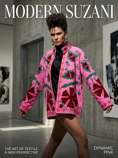 The Bibi Blossom — Suzani Hand-Embroidered Cotton Jacket — Fuchsia Pink with Maroon & Forest Green Florals