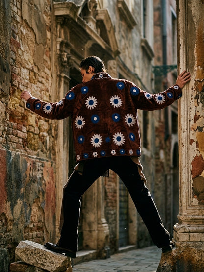 The Marwar Bloom — Suzani Embroidered Velvet Jacket — Rust Brown with Cobalt & Ivory Florals