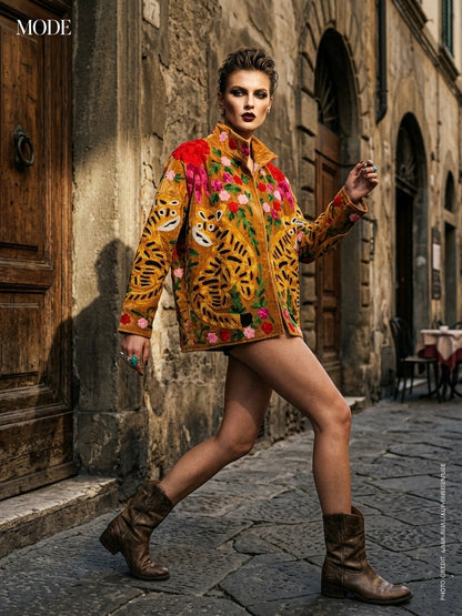 The Bagh Suzani — Hand-Embroidered Velvet Jacket — Camel Gold with Crimson & Magenta Bloom