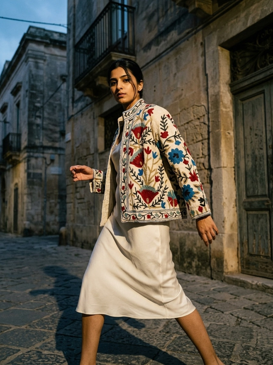 The Bagh-e-Suzani — Hand-Embroidered TNT Cotton Jacket — Ivory with Maroon & Indigo Florals
