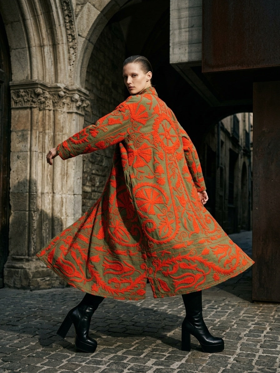 The Samarkand Sun — Suzani Embroidered Cotton Kimono — Olive & Vermillion