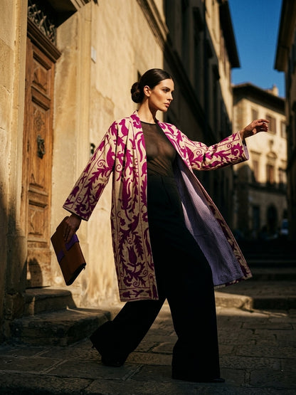 The Bahar Suzani — Hand-Embroidered Velvet Kimono — Ivory & Magenta