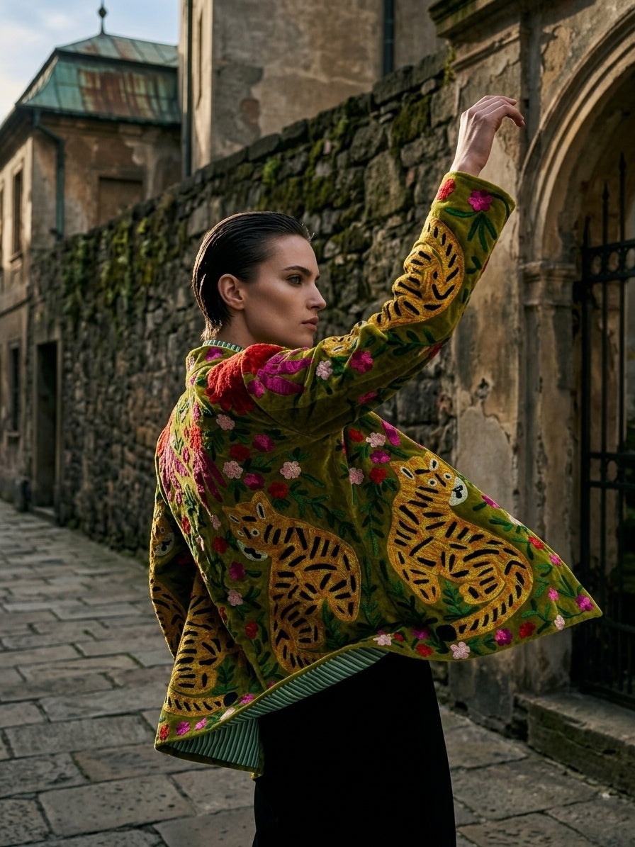 The Bagh Suzani — Hand-Embroidered Velvet Jacket — Moss Green with Tiger & Marigold Motifs