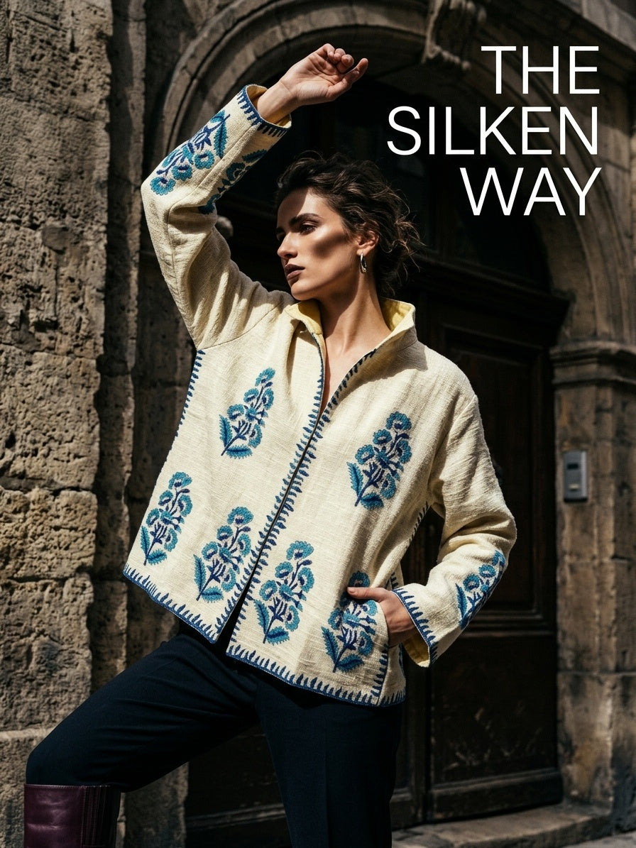 The Marigold Bagh — Suzani-Embroidered Handwoven Cotton Jacket — Ivory with Turquoise Blue