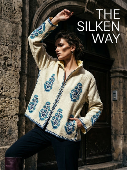 The Marigold Bagh — Suzani-Embroidered Handwoven Cotton Jacket — Ivory with Turquoise Blue