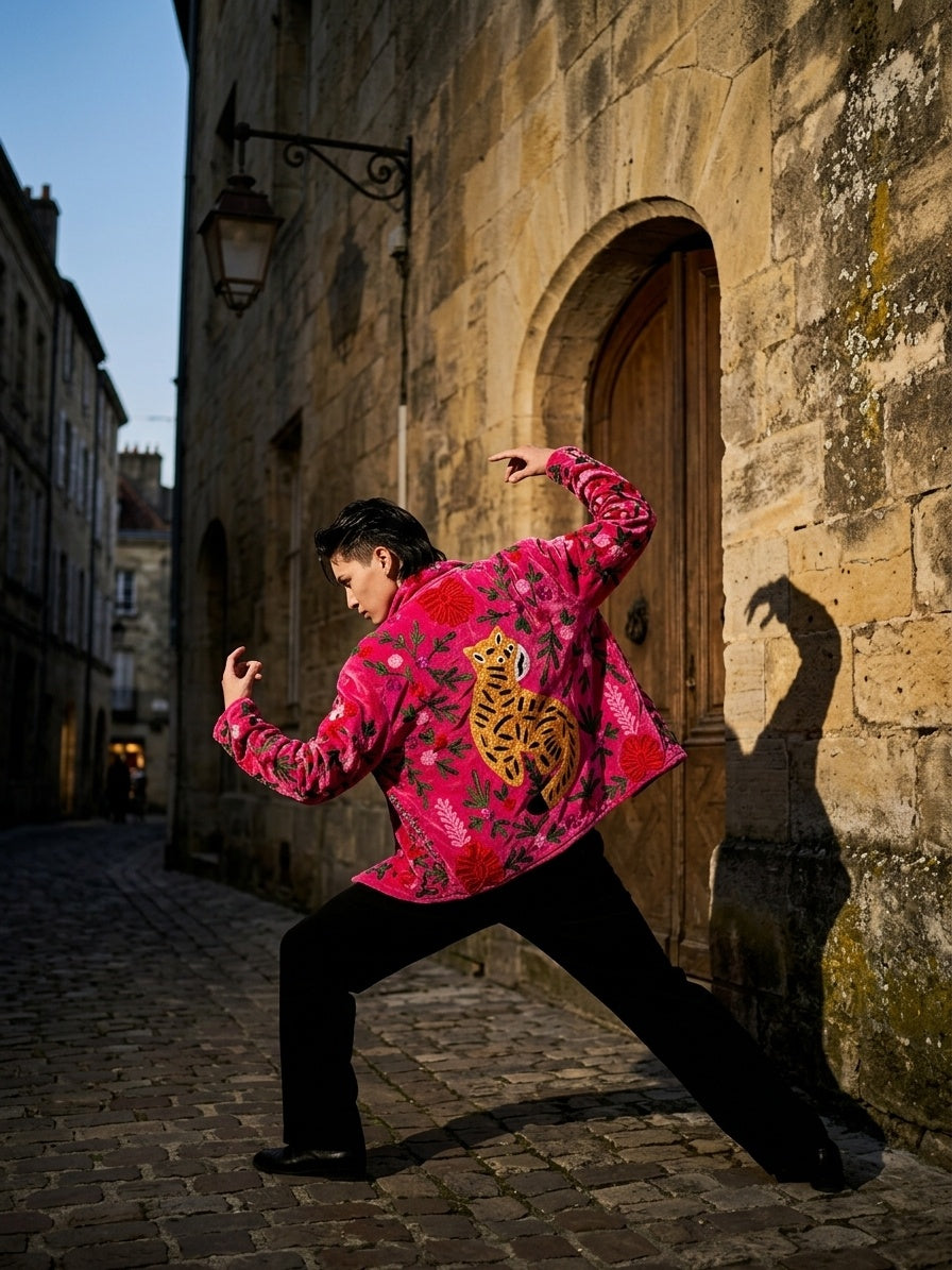 The Bengal Bloom — Suzani Embroidered Velvet Jacket — Fuchsia Pink with Amber Tiger