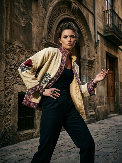 The Bagh Marigold — Suzani Hand-Embroidered Cotton Jacket — Ivory with Indigo & Wine Bordering