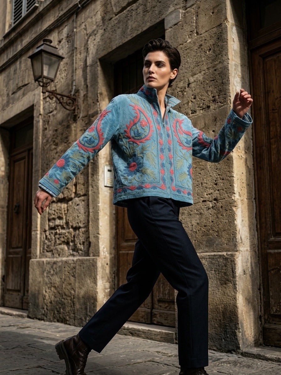The Suzani Bloom — Suzani-Embroidered Cotton Jacket — Denim Blue with Coral & Sage Florals