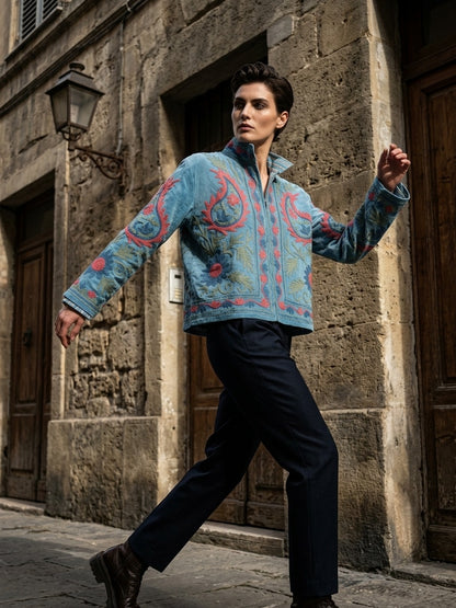 The Suzani Bloom — Suzani-Embroidered Cotton Jacket — Denim Blue with Coral & Sage Florals