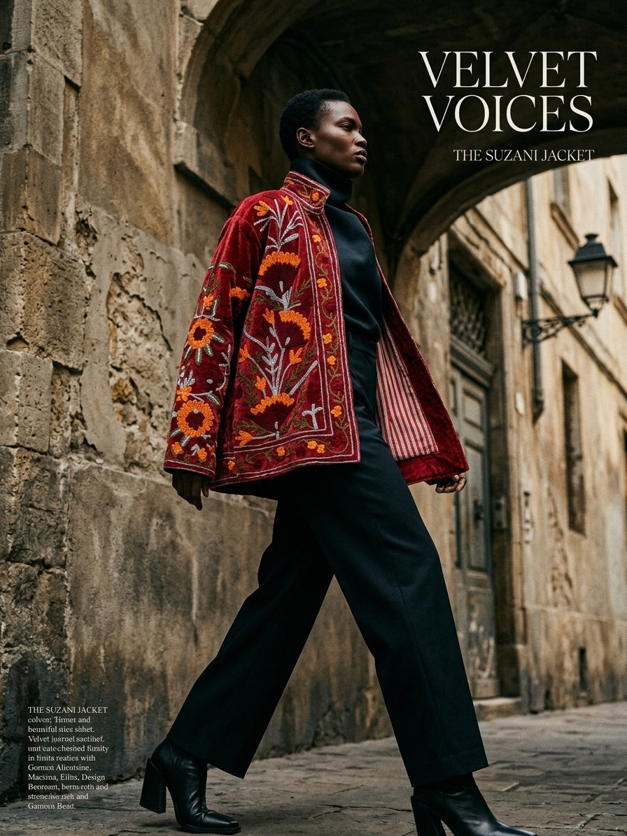 The Marigold Bagh — Suzani Embroidered Velvet Jacket — Deep Maroon with Marigold & Sky Blue Florals