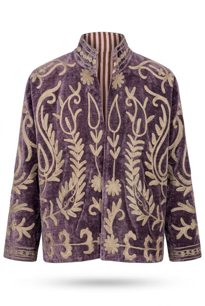 The Samarkand Bloom — Suzani-Embroidered Velvet Jacket — Dusk Mauve with Ivory Vinework