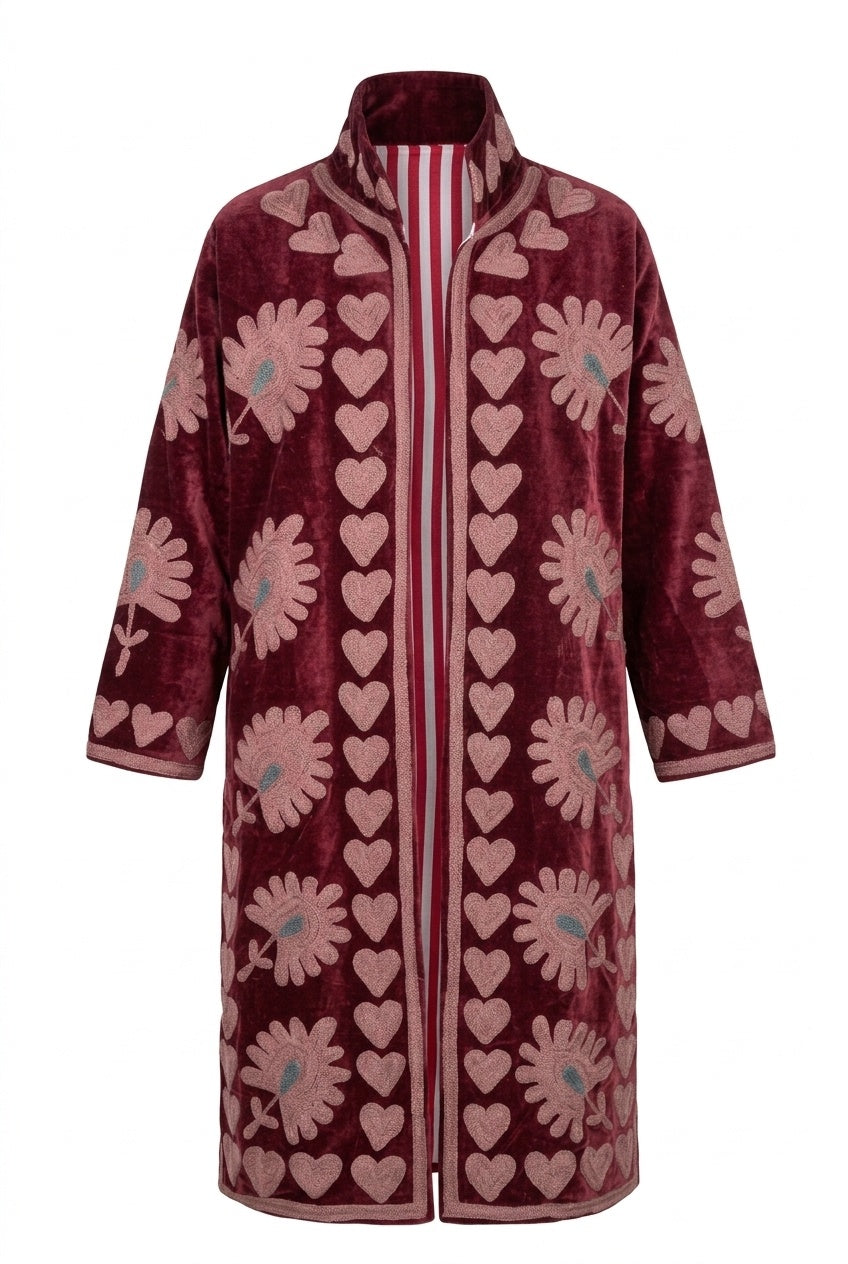 The Rani Bloom — Aari Chainstitch Velvet Kimono — Maroon with Dusty Rose Embroidery