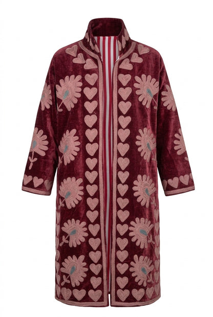 The Rani Bloom — Aari Chainstitch Velvet Kimono — Maroon with Dusty Rose Embroidery