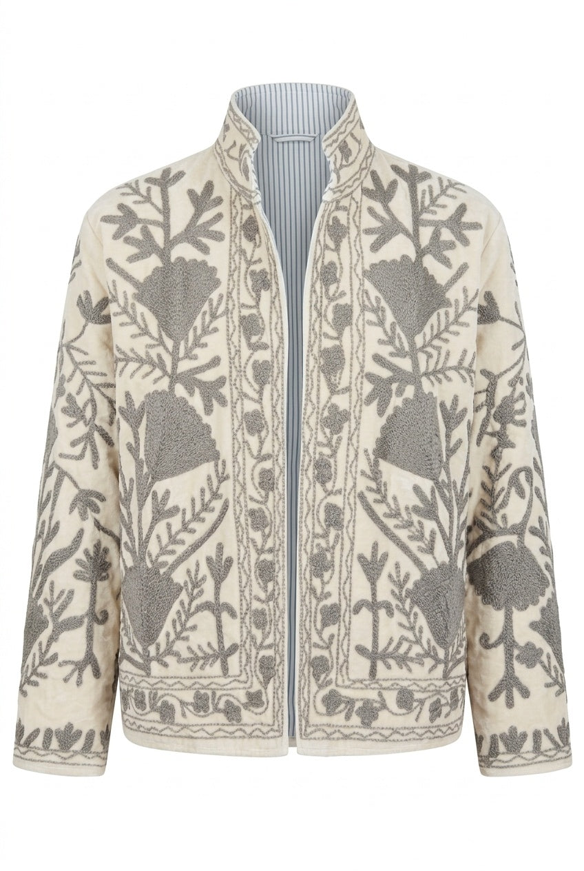 The Kashida Snowfield — Suzani Hand-Embroidered Velvet Jacket — Ivory with Dove Grey Florals