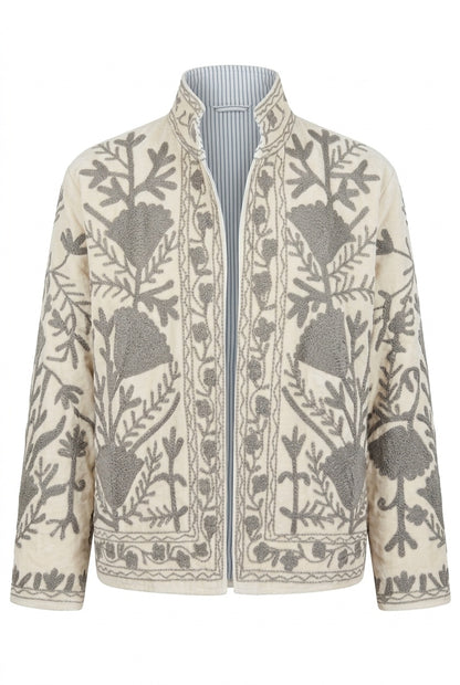 The Kashida Snowfield — Suzani Hand-Embroidered Velvet Jacket — Ivory with Dove Grey Florals
