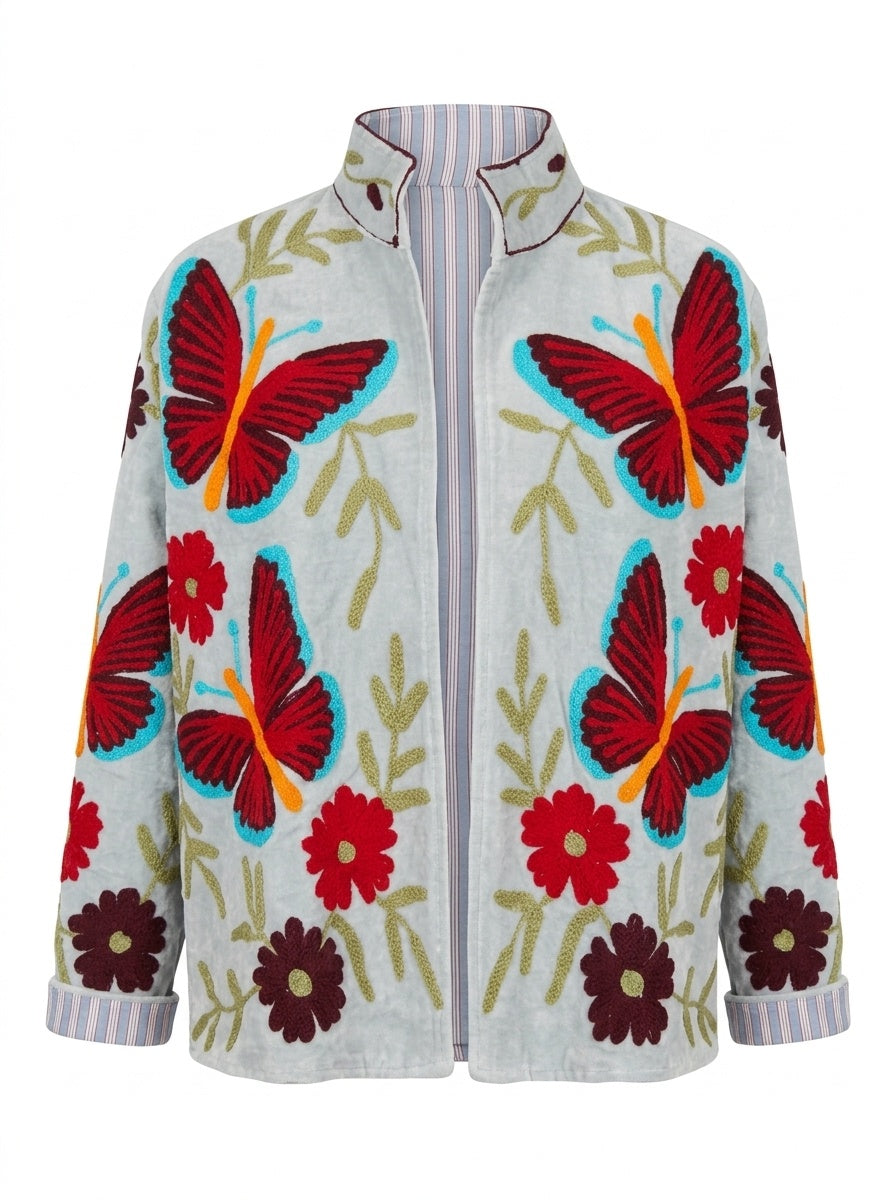 The Titli Chandni — Suzani Hand-Embroidered Velvet Jacket — Ice Grey with Crimson Butterflies & Ruby Florals