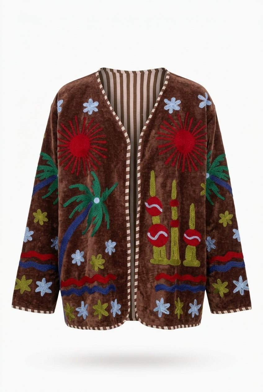 The Desert Sun Wrap — Suzani-Embroidered Velvet Jacket — Espresso Brown