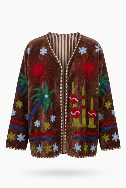 The Desert Sun Wrap — Suzani-Embroidered Velvet Jacket — Espresso Brown