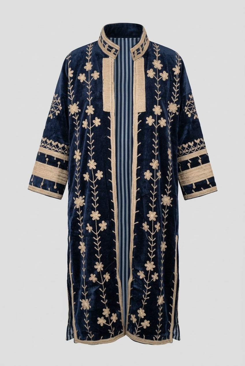 The Midnight Vine — Suzani Hand-Embroidered Velvet Kimono — Navy & Antique Gold