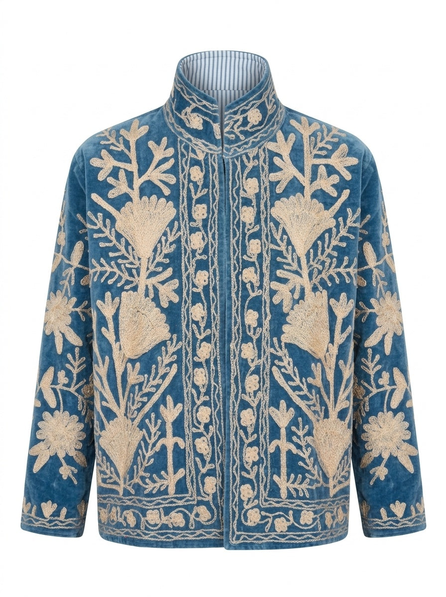 The Tulip Steppe — Suzani Hand-Embroidered Velvet Jacket — Steel Blue with Ivory Tulip Blooms