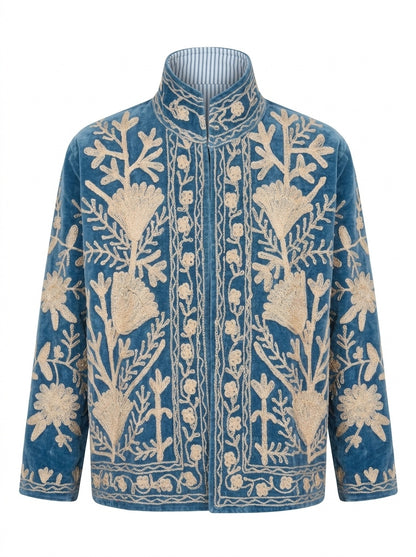 The Tulip Steppe — Suzani Hand-Embroidered Velvet Jacket — Steel Blue with Ivory Tulip Blooms