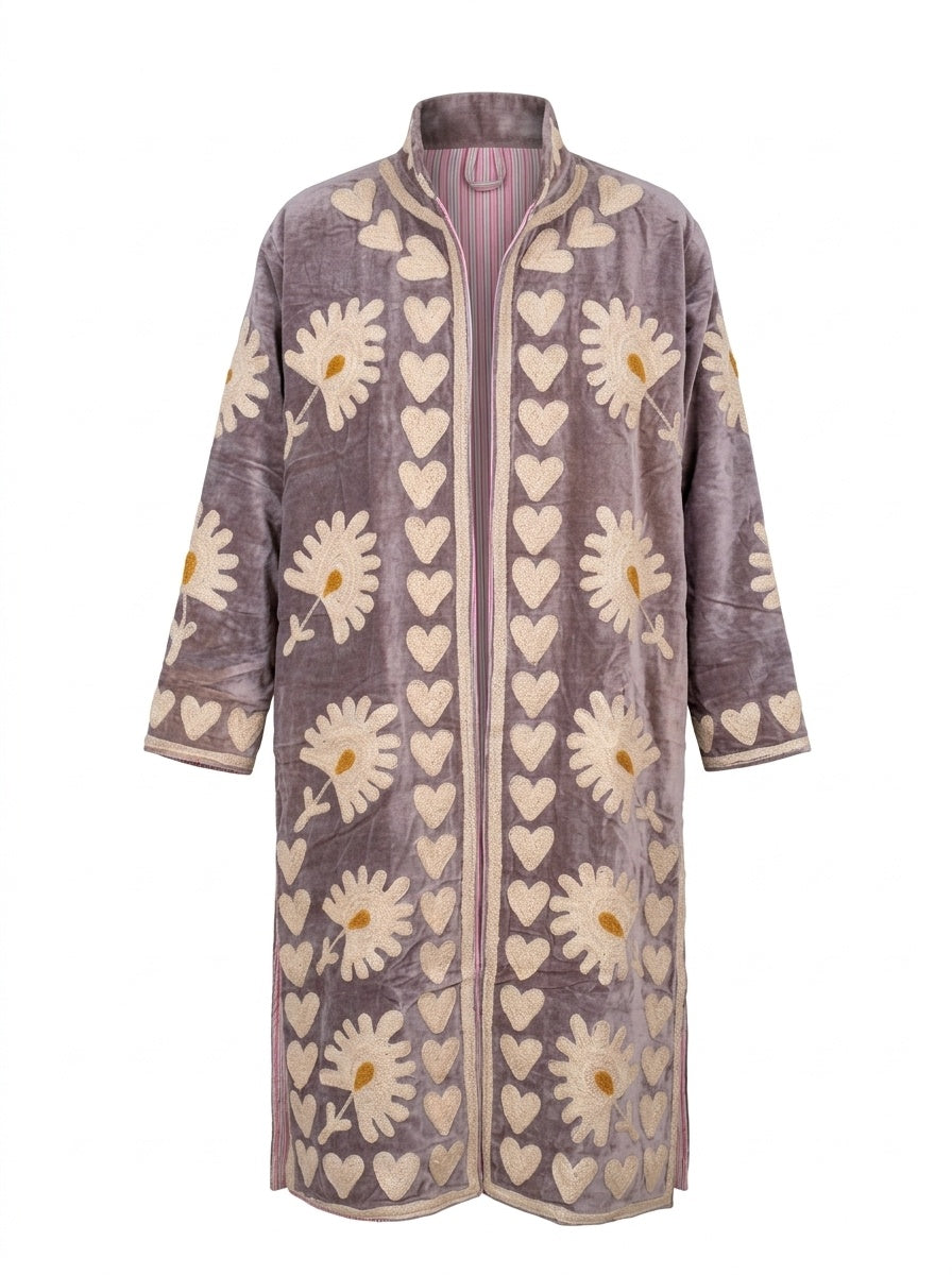 The Dusktide Suzani — Hand-Embroidered Velvet Kimono Jacket — Mauve Taupe with Ivory Daisies
