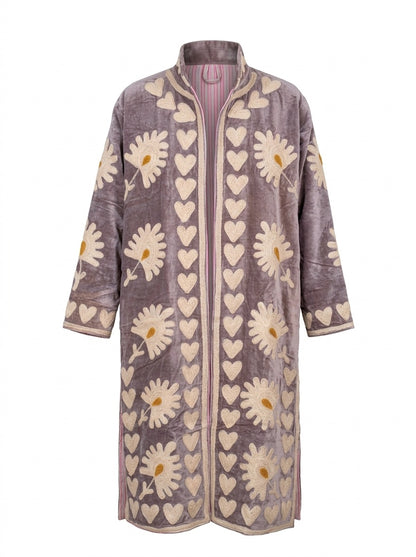 The Dusktide Suzani — Hand-Embroidered Velvet Kimono Jacket — Mauve Taupe with Ivory Daisies