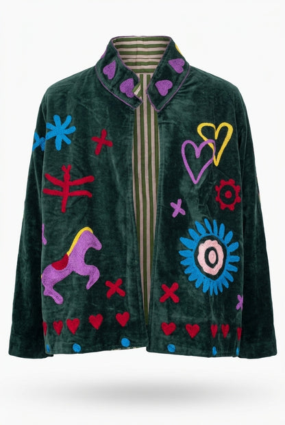 The Ghoda Yatra — Suzani Hand-Embroidered Velvet Jacket — Forest Green with Horse, Heart & Sunburst Motifs