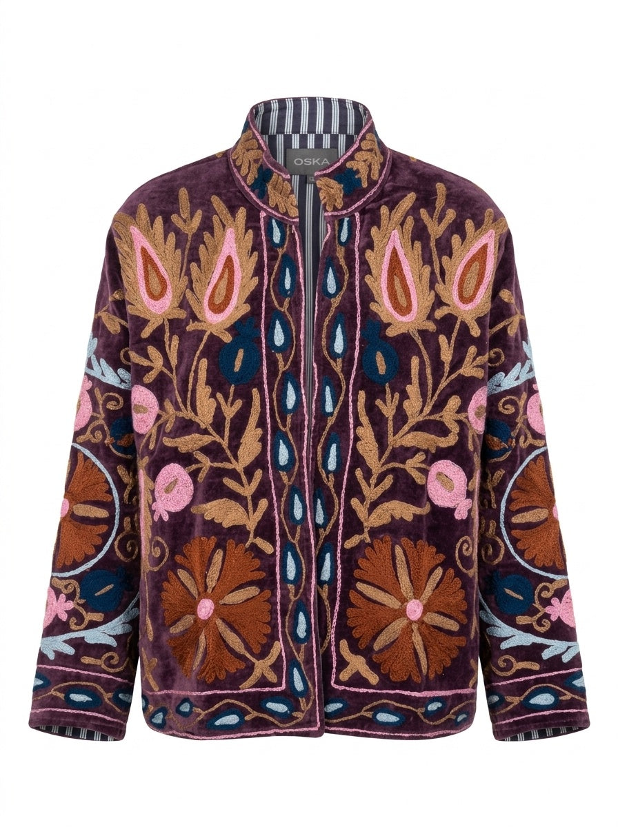 The Shiraz Anar — Suzani Hand-Embroidered Velvet Jacket — Aubergine Plum with Rust, Pink & Teal Florals