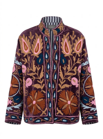 The Shiraz Anar — Suzani Hand-Embroidered Velvet Jacket — Aubergine Plum with Rust, Pink & Teal Florals