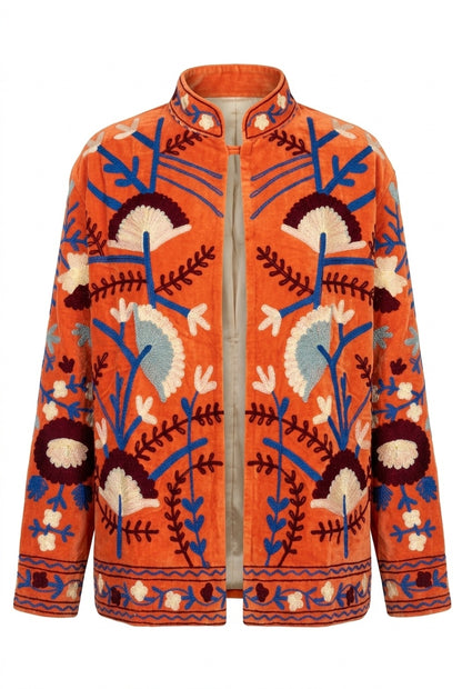 The Marigold Suzani — Hand-Embroidered Velvet Jacket — Burnt Orange with Cobalt & Ivory Bloom