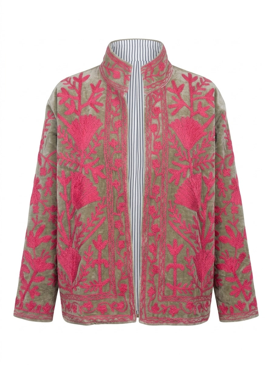 The Sagewood Bloom — Suzani Hand-Embroidered Velvet Jacket — Sage Green with Rani Pink Florals