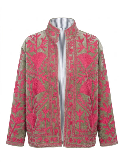 The Sagewood Bloom — Suzani Hand-Embroidered Velvet Jacket — Sage Green with Rani Pink Florals