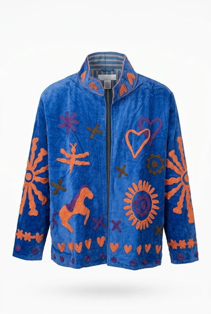 The Ashwa Mela — Suzani Hand-Embroidered Velvet Jacket — Cornflower Blue with Coral, Violet & Olive Folk Motifs