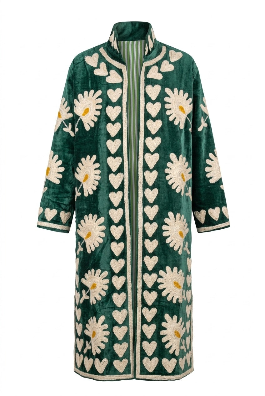 The Daisy Meadow Kimono — Suzani Chainstitch Velvet Jacket — Forest Green with Ivory Daisies