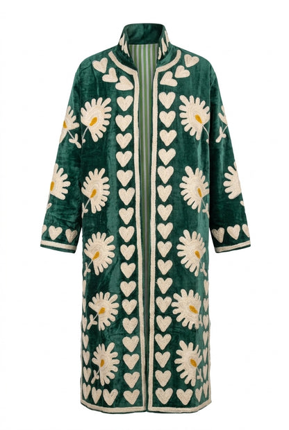 The Daisy Meadow Kimono — Suzani Chainstitch Velvet Jacket — Forest Green with Ivory Daisies