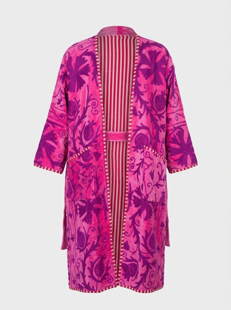 The Anarkali Bloom — Suzani Hand-Embroidered Velvet Kimono — Fuchsia Pink with Violet Pomegranate Motifs