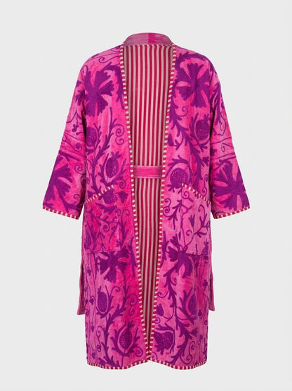 The Anarkali Bloom — Suzani Hand-Embroidered Velvet Kimono — Fuchsia Pink with Violet Pomegranate Motifs