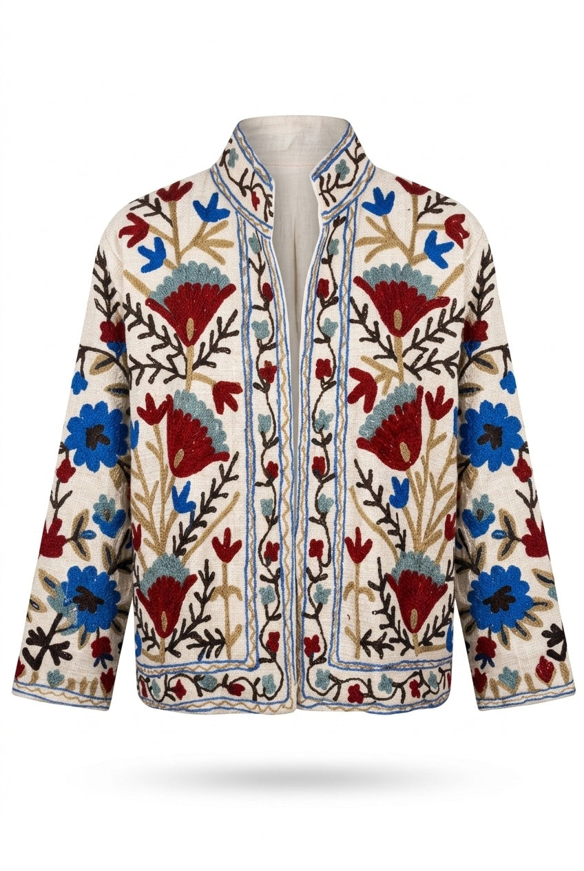 The Bagh-e-Suzani — Hand-Embroidered TNT Cotton Jacket — Ivory with Maroon & Indigo Florals