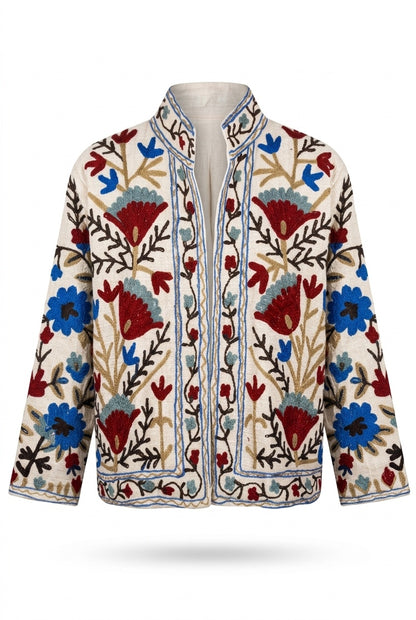 The Bagh-e-Suzani — Hand-Embroidered TNT Cotton Jacket — Ivory with Maroon & Indigo Florals