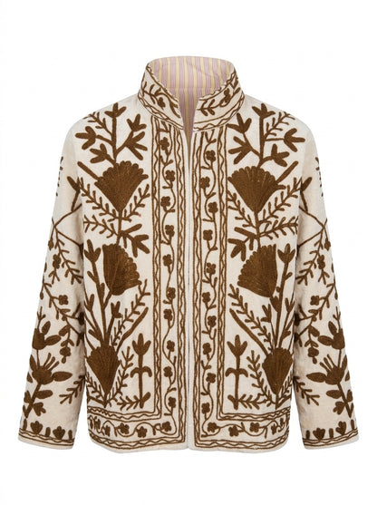 The Zaitoon Bostan — Suzani Hand-Embroidered Velvet Jacket — Ivory with Olive Brown Florals