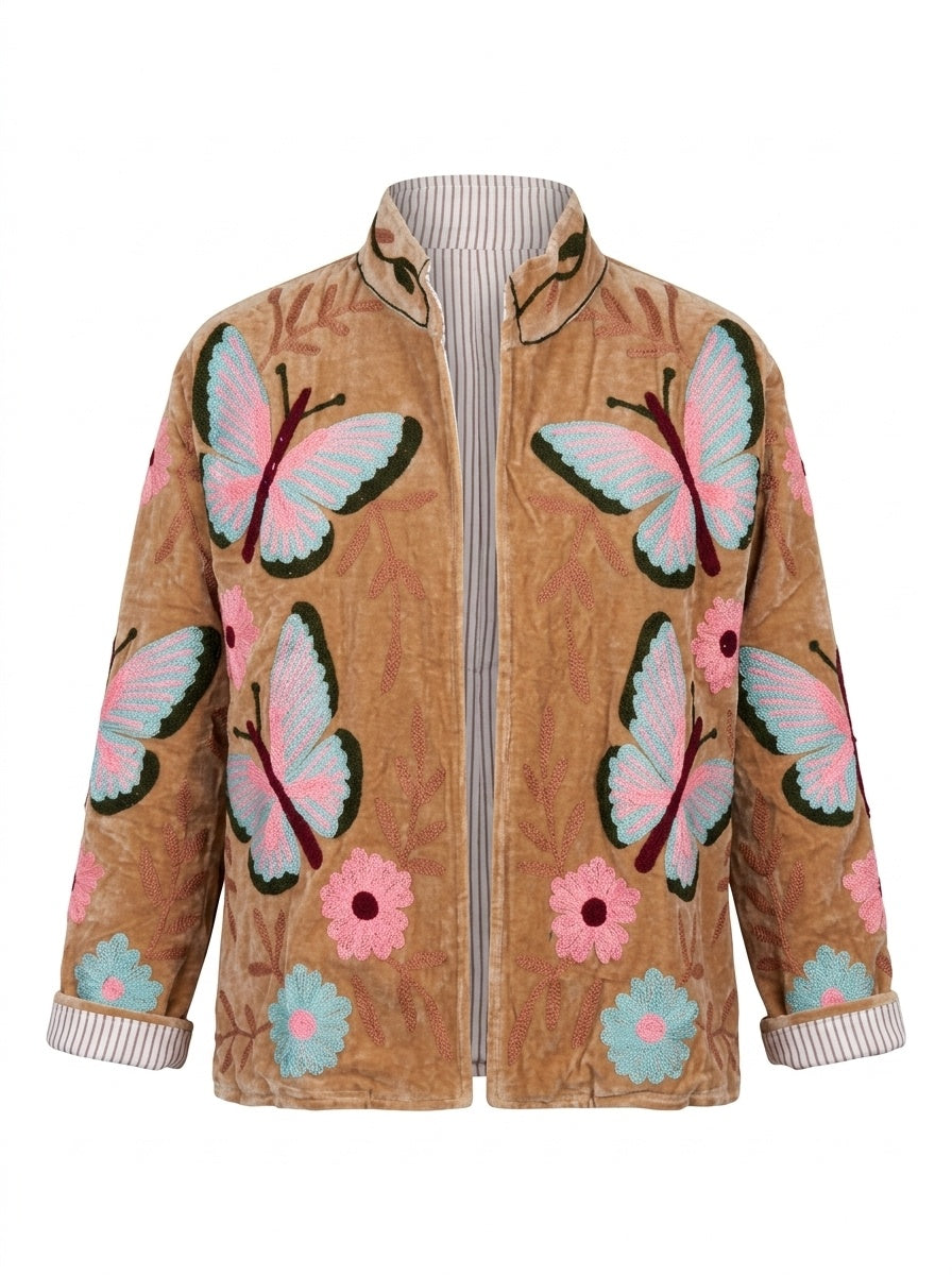 The Parwana Bostan — Suzani Hand-Embroidered Velvet Jacket — Camel Gold with Pink, Turquoise & Maroon Butterflies